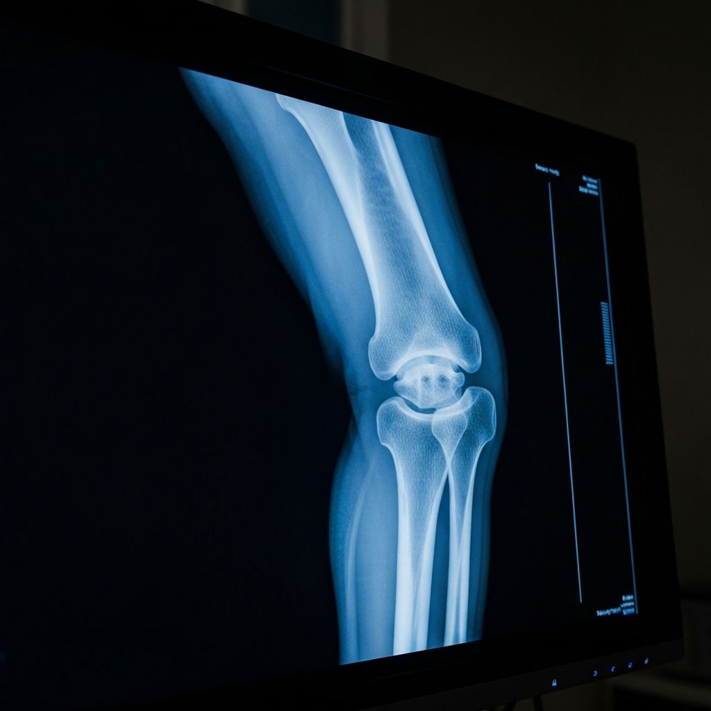 Medical knee X-ray displayed on clinical monitor